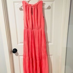 Salmon printed midi dress with scrunched waist!